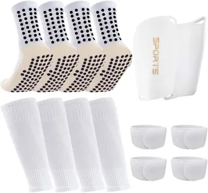 2 Pairs Mens Grip Soccer Socks, 2 Pairs Shin Sleeves with 1 Pack Shin Guards and 4 Shin Straps, Soccer Game Set 9 Pcs