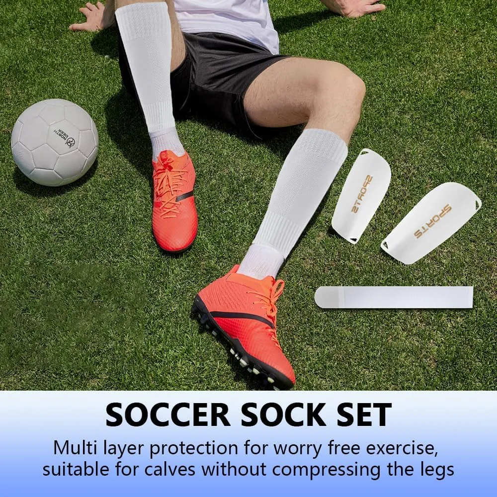 2 Pairs Mens Grip Soccer Socks, 2 Pairs Shin Sleeves with 1 Pack Shin Guards and 4 Shin Straps, Soccer Game Set 9 Pcs