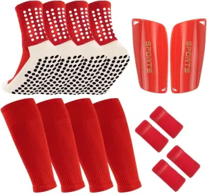 2 Pairs Mens Grip Soccer Socks, 2 Pairs Shin Sleeves with 1 Pack Shin Guards and 4 Shin Straps, Soccer Game Set 9 Pcs