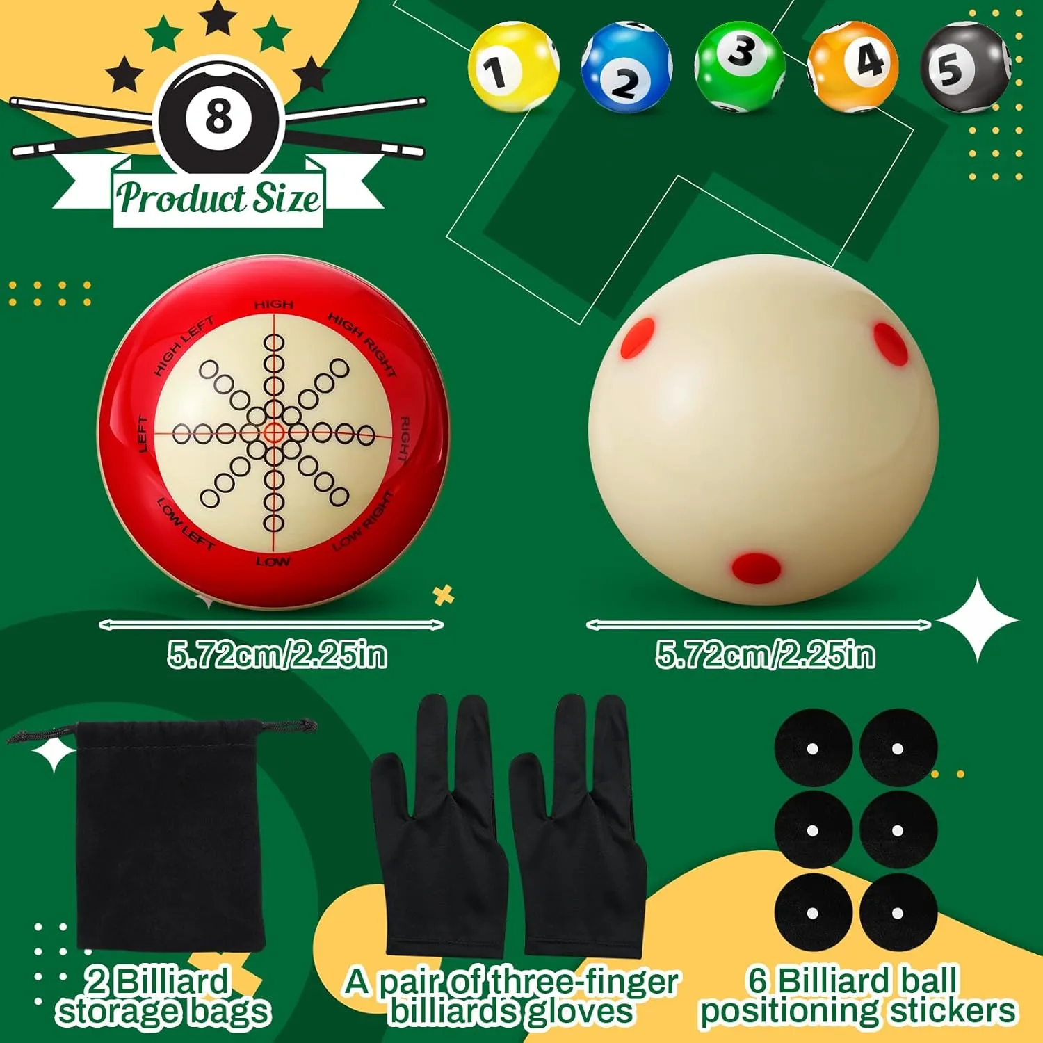 2 Pcs Billiards Cue Ball 2-1/4" Pool Cue Practice Training Artifact with Three Finger Billiard Gloves 2 Ball Bag 6 Pool Table Marker Dots for Billiard Table Accessory