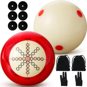2 Pcs Billiards Cue Ball 2-1/4" Pool Cue Practice Training Artifact with Three Finger Billiard Gloves 2 Ball Bag 6 Pool Table Marker Dots for Billiard Table Accessory