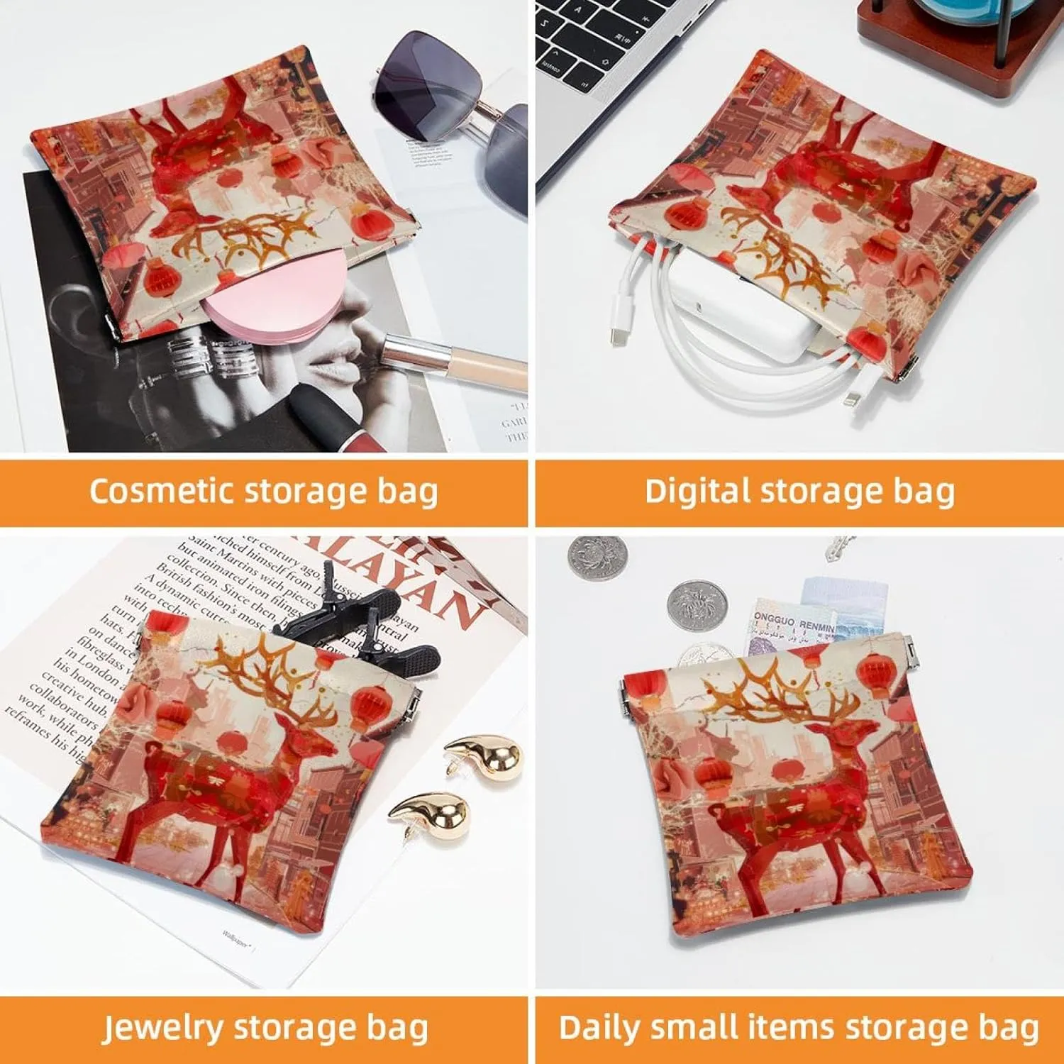 2 Piece Faux Leather Makeup Bag for Purse, Small Makeup Bag for Purse, Self-Closing Pouches for Purse, Multifunctional Travel Storage Bag, Christmas Elk New Year