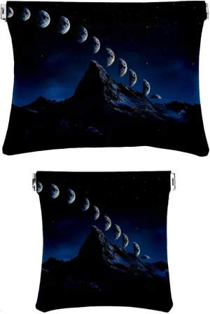 2 Piece Faux Leather Pocket Box, Small Makeup Pouch, Waterproof Mini Bag Purse, Portable Squeeze Top Cosmetic Bag, Night Mountain Moon Phases