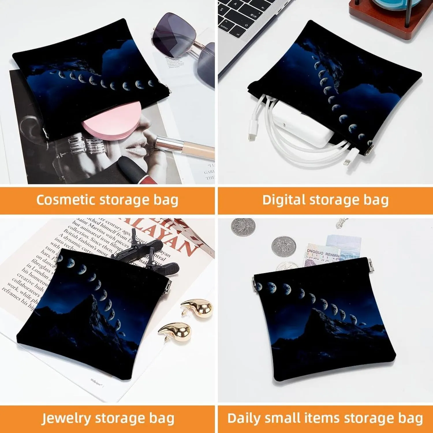 2 Piece Faux Leather Pocket Box, Small Makeup Pouch, Waterproof Mini Bag Purse, Portable Squeeze Top Cosmetic Bag, Night Mountain Moon Phases
