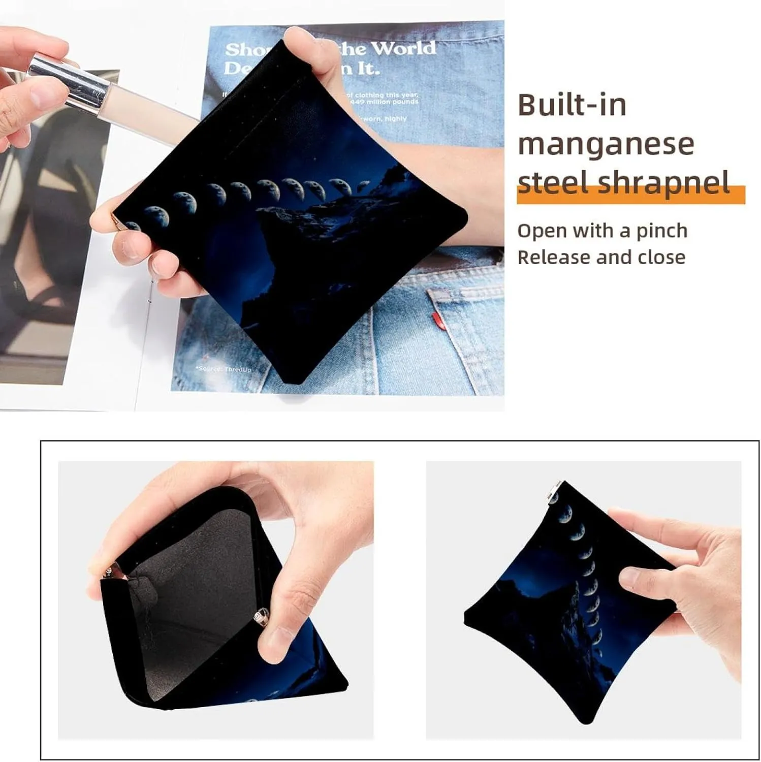 2 Piece Faux Leather Pocket Box, Small Makeup Pouch, Waterproof Mini Bag Purse, Portable Squeeze Top Cosmetic Bag, Night Mountain Moon Phases