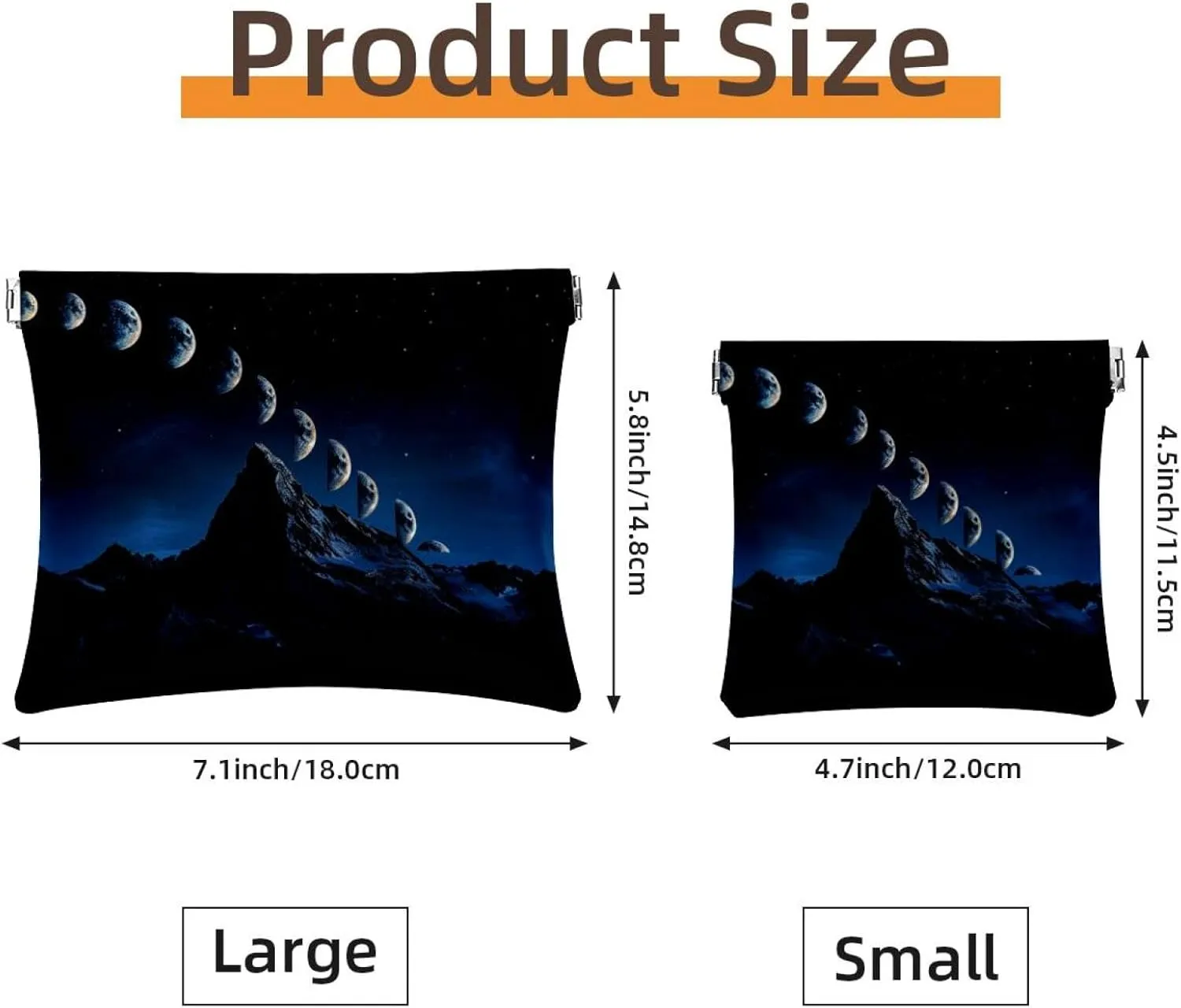 2 Piece Faux Leather Pocket Box, Small Makeup Pouch, Waterproof Mini Bag Purse, Portable Squeeze Top Cosmetic Bag, Night Mountain Moon Phases