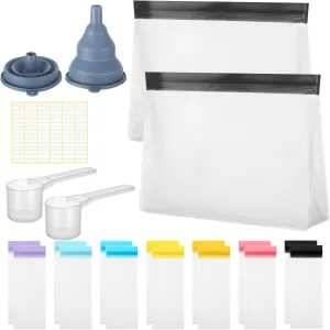 21 Pcs Protein Powder Travel Container Set Single Dose Reusable Powder Supplement Packets Portable Travel Organizer Zip up Bags with Funnels, Spoons and Sheet Labels