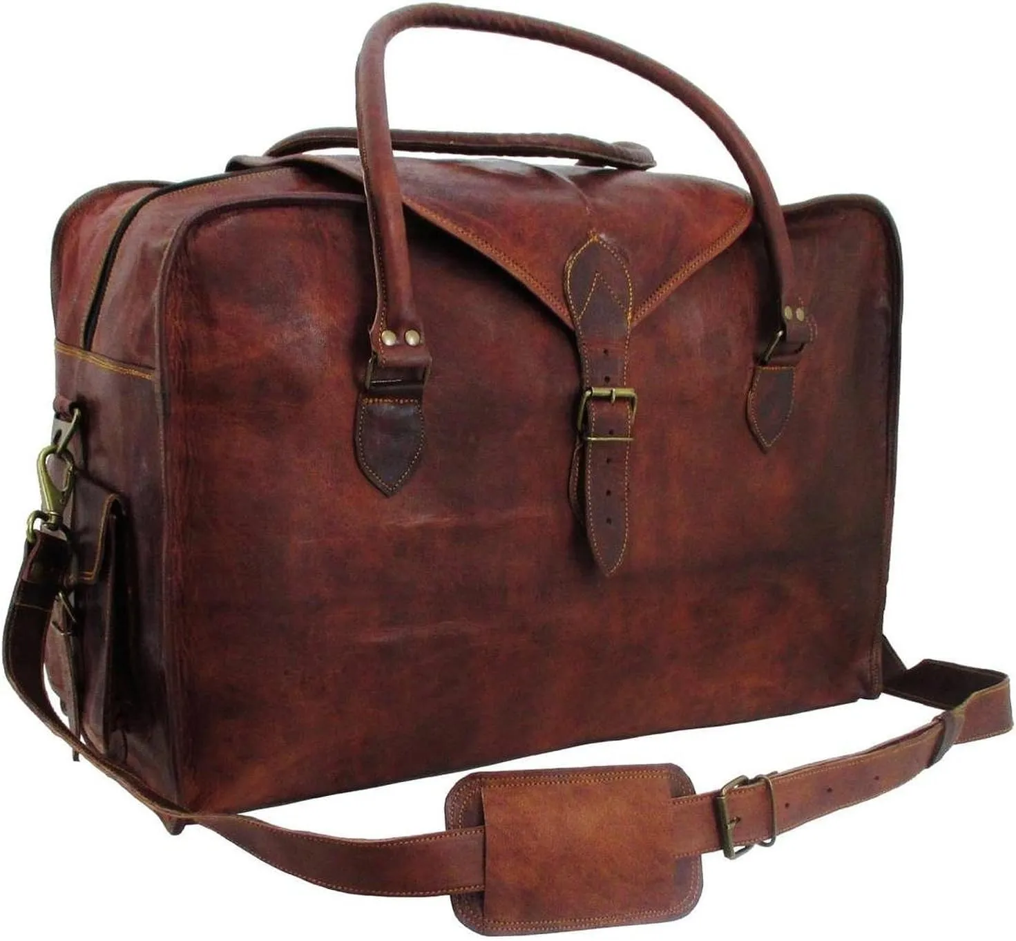 21" Mens Retro Style Carry on Travel Luggage Flap Duffle Vintage Leather Duffle Bag