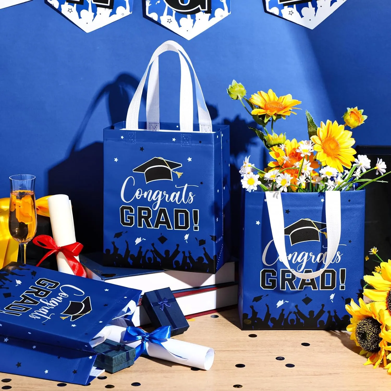 24 Pcs Graduation Gift Bags 2025 Reusable Graduation Bags Bulk with Handles, Nonwoven Congrats Grad Party Favor Tote