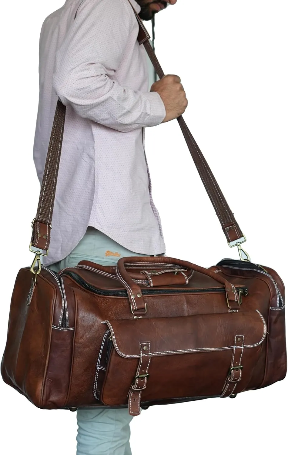 28 inch Duffel Bags for Men, Holdall Leather Travel Bag Overnight Gym Sports Weekender Overnight Carryon Hand Bag, Brown