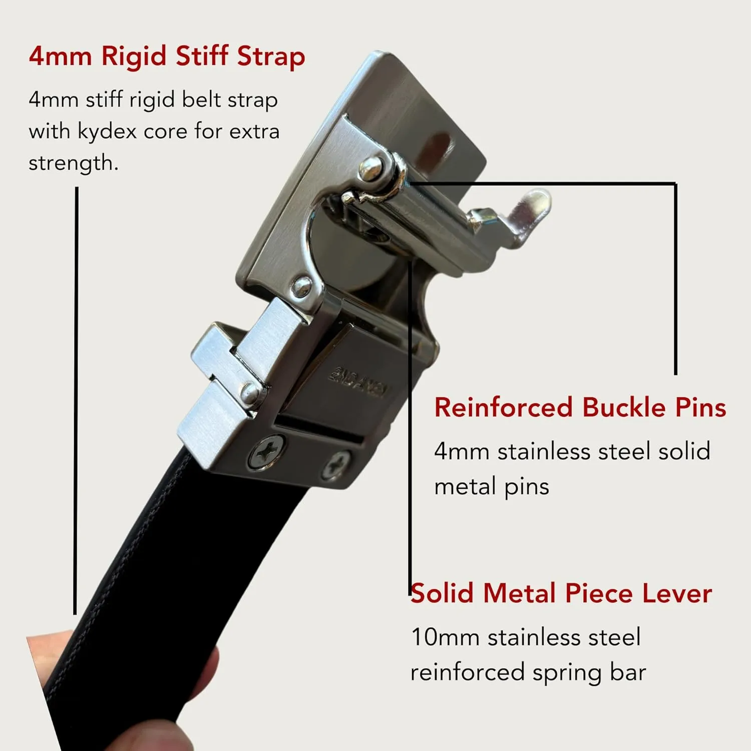 2ND AMEN Stealth CCW Black Leather Gun Belt for Men - 1.5" Concealed Carry EDC Belt with Stainless Steel Buckle