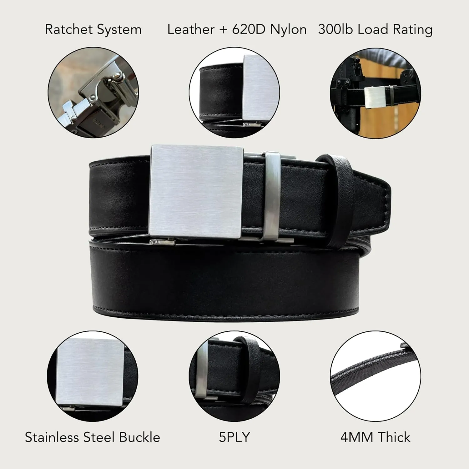 2ND AMEN Stealth CCW Black Leather Gun Belt for Men - 1.5" Concealed Carry EDC Belt with Stainless Steel Buckle