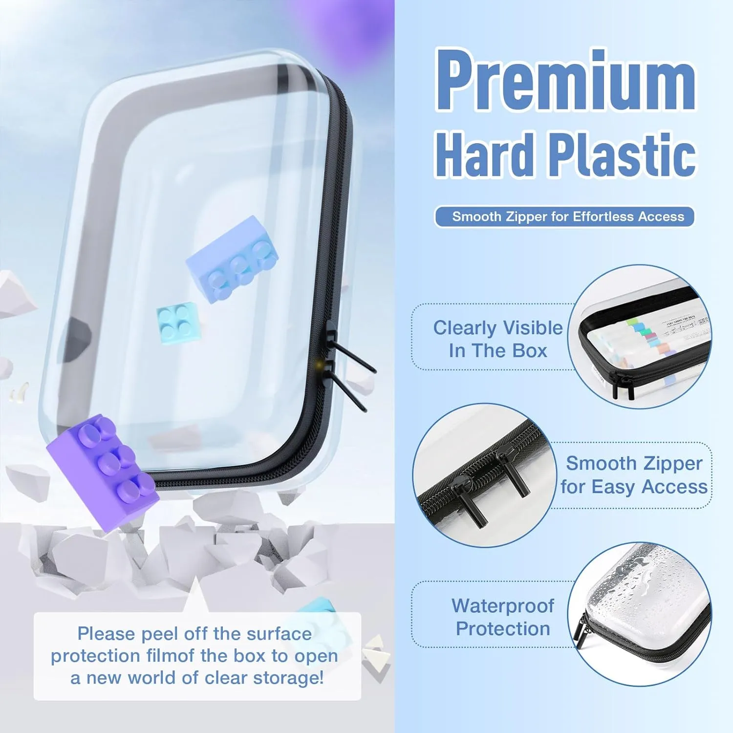 2Pcs Clear Hard Shell Zipper Case, BIiss Plastic Bins for Organizing, Clear Zipper Pouches Makeup Case & Lidded Storage Bins Organizer for Storage Cosmetics, Puzzles, 8.7 x 6.3 x 2.4 Inch