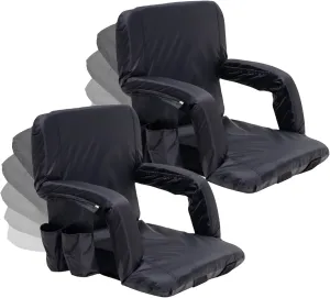 2pcs Stadium Seats with Back Support, Reclining Stadium Chairs for Bleachers Chairs with Cushion & Armrests, Folding Bleacher Seats Water Resistant for Outdoor Events Games (Black)