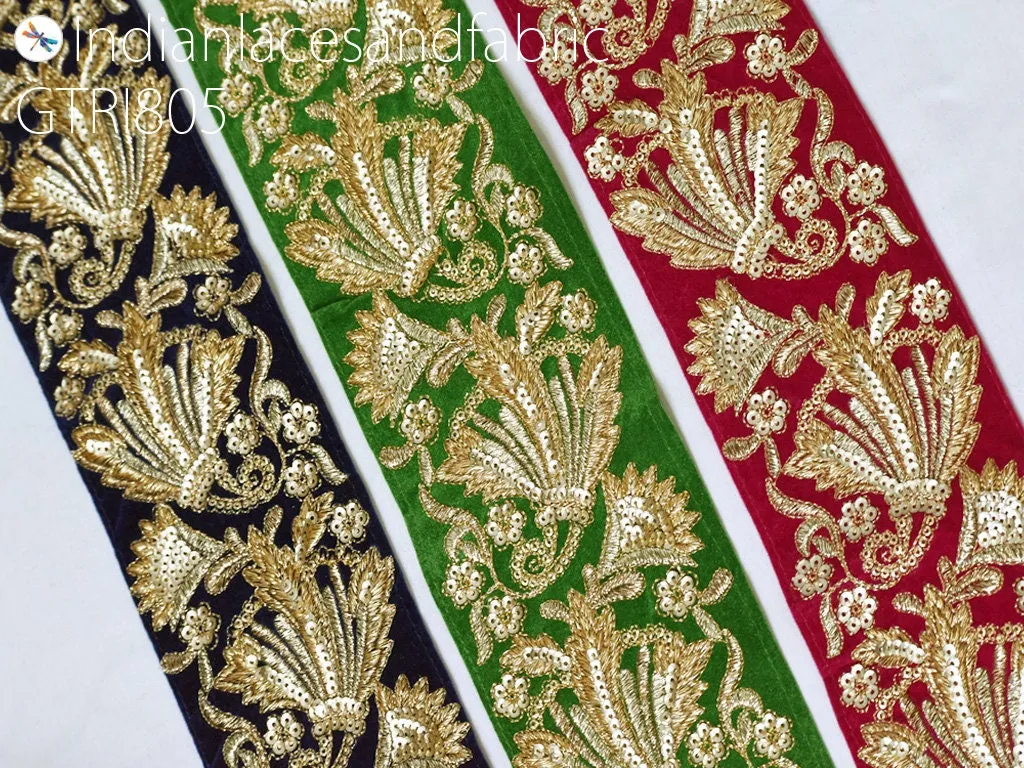 3 Indian Embroidered Velvet Saree Decorative 9cm Fabric Trimmings Cushions Laces Embroidery Sari Border DIY Crafting Ribbons Tapes