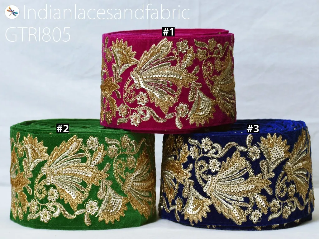 3 Indian Embroidered Velvet Saree Decorative 9cm Fabric Trimmings Cushions Laces Embroidery Sari Border DIY Crafting Ribbons Tapes