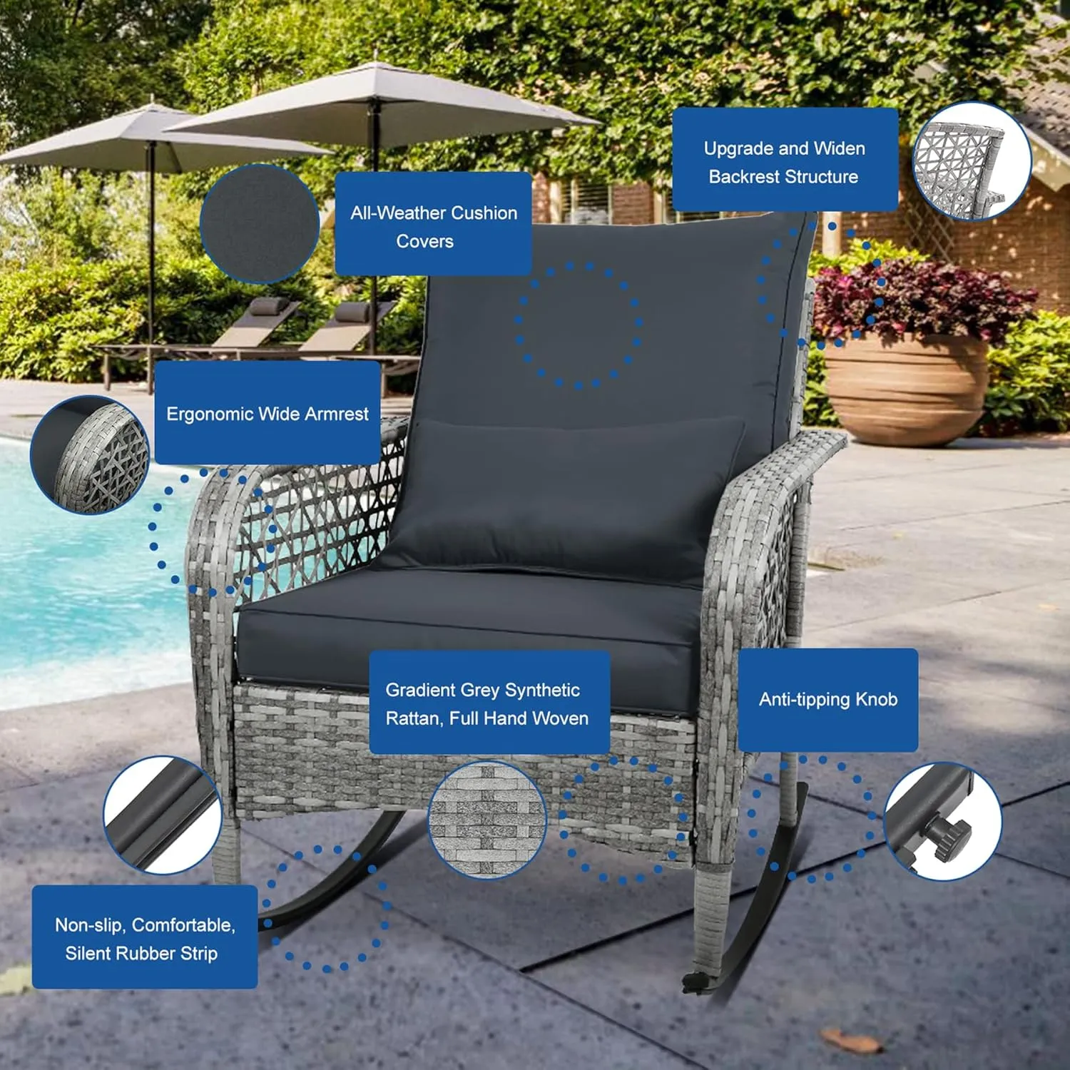 3-Piece Patio Furniture Set,Outdoor Rocking Chairs Set of 2, Patio Conversation with 2 Wicker Chairs with Glass Coffee Table and Cushions for Garden,Porch (Dark Grey)