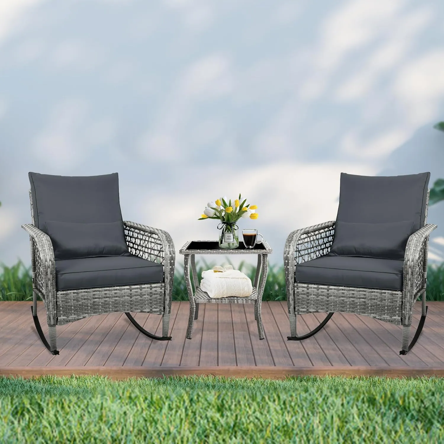3-Piece Patio Furniture Set,Outdoor Rocking Chairs Set of 2, Patio Conversation with 2 Wicker Chairs with Glass Coffee Table and Cushions for Garden,Porch (Dark Grey)