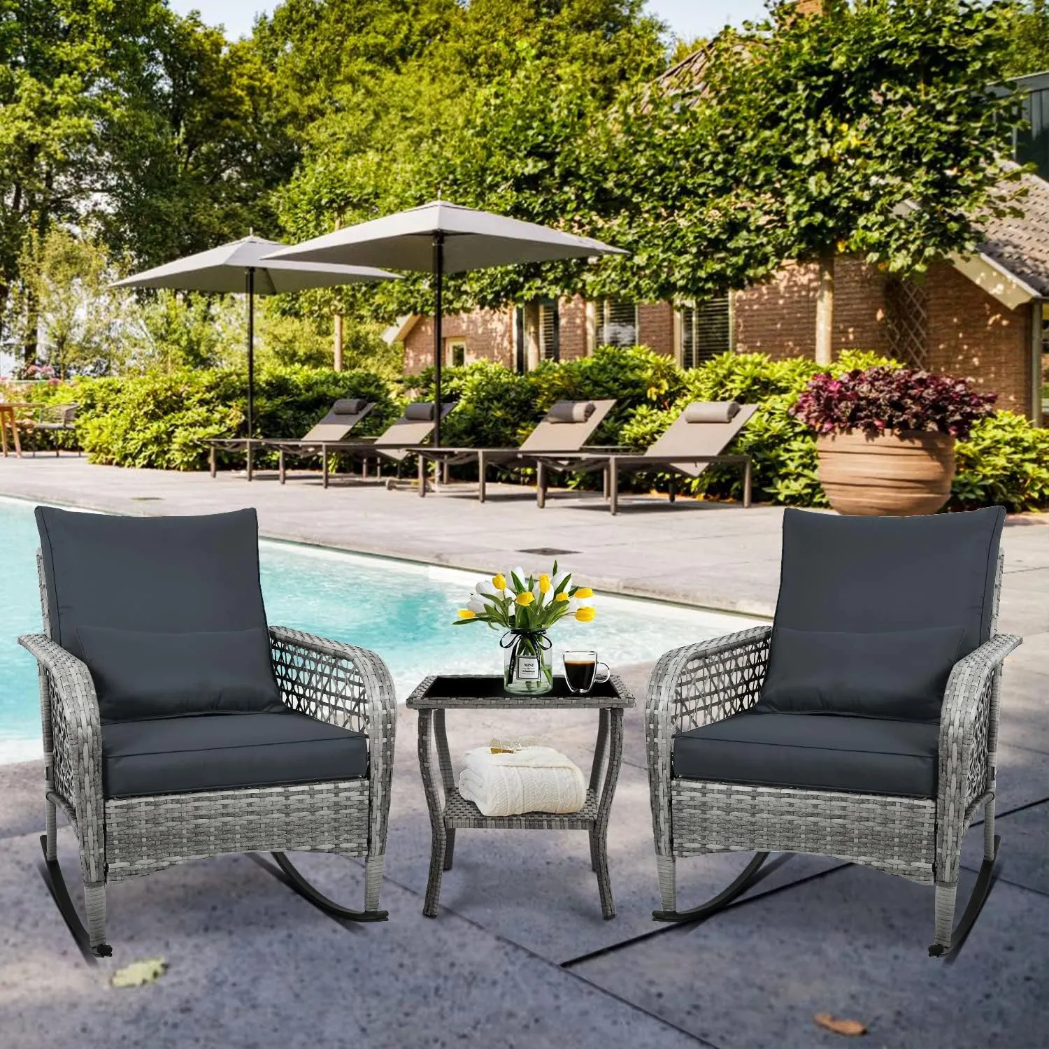 3-Piece Patio Furniture Set,Outdoor Rocking Chairs Set of 2, Patio Conversation with 2 Wicker Chairs with Glass Coffee Table and Cushions for Garden,Porch (Dark Grey)