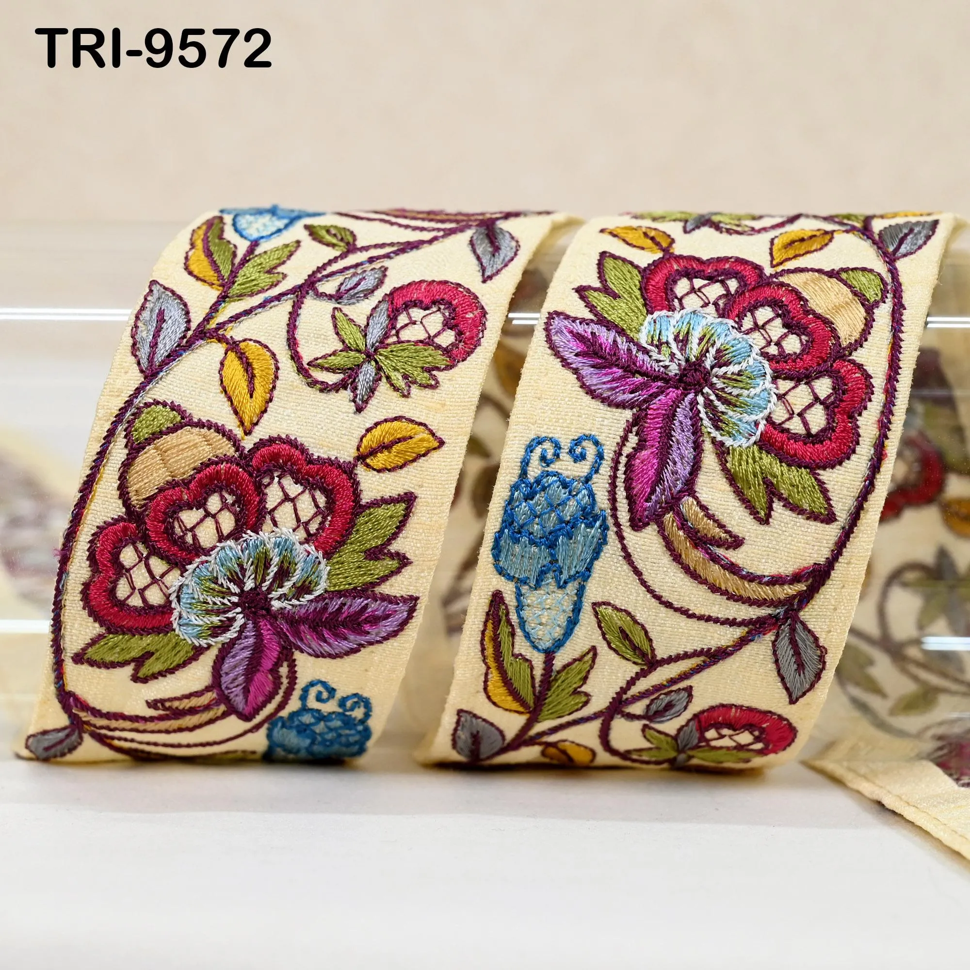 3 Yard Embroidery 5cm Ribbon Beige Trim Tape Embellish Embroidered Saree Border Costume Crafting Sewing Beach Bag Tote Pouche Wall Hanging