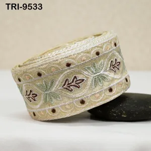 3 Yard Ivory Embroidery Ribbons Indian Sari Border Embroidered Crafting Sewing Tablecloth Lampshade making Home Decor Costumes Trimming 6cm