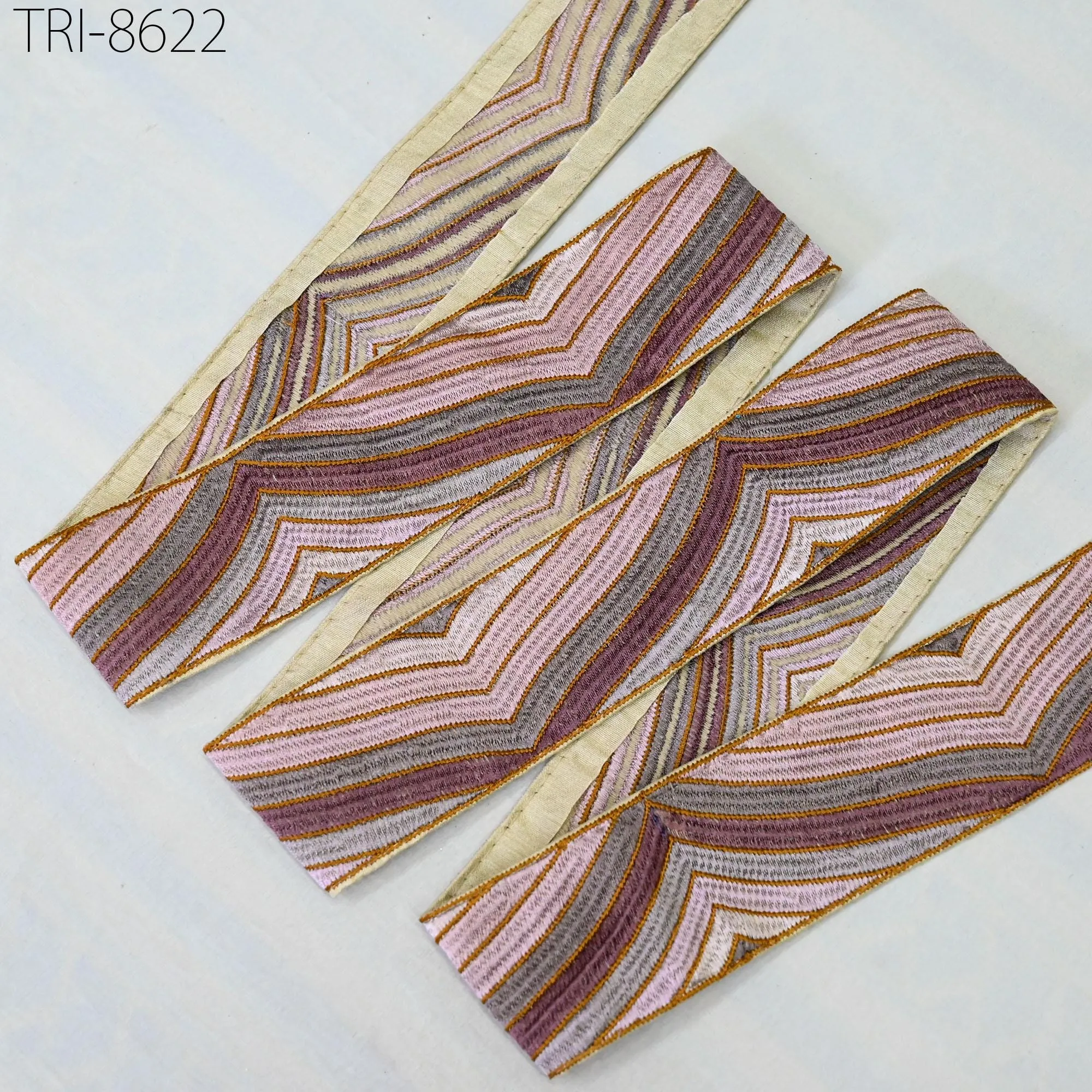 3 Yard Mauve Embroidery 55mm Trim Ribbon Indian Sari Border Crafting Embroidered Hair Accessories, Embellish Ornaments making Home Decor