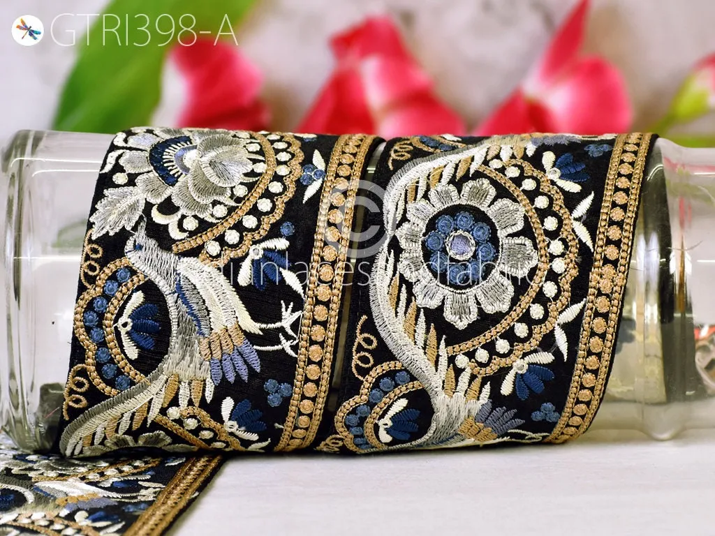 3 Yard Peacock Indian Embroidered Trim Cushions Embellishment Embroidery Saree Ribbon Sewing Crafting Border Wedding Trimmings Curtains