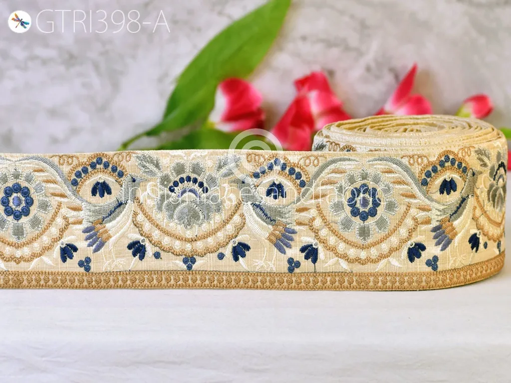 3 Yard Peacock Indian Embroidered Trim Cushions Embellishment Embroidery Saree Ribbon Sewing Crafting Border Wedding Trimmings Curtains