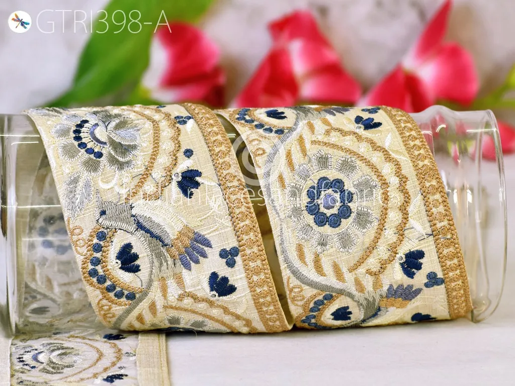 3 Yard Peacock Indian Embroidered Trim Cushions Embellishment Embroidery Saree Ribbon Sewing Crafting Border Wedding Trimmings Curtains