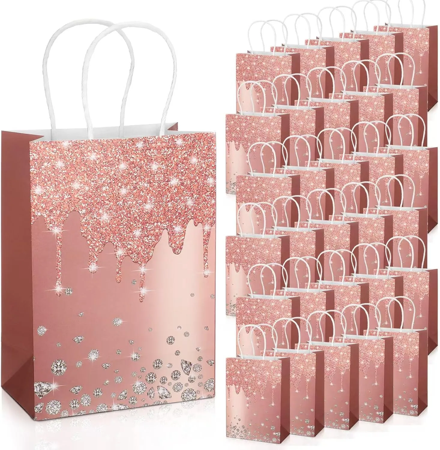 30 Pcs Rose Gold Party Favor Gift Bags for Women Friends Thank You Gifts Bag with Handle for Women Men Birthday Gift Bags Party Favor Bags Wedding Gifts for Guests Paper Bag Bachelorette Party Supplies