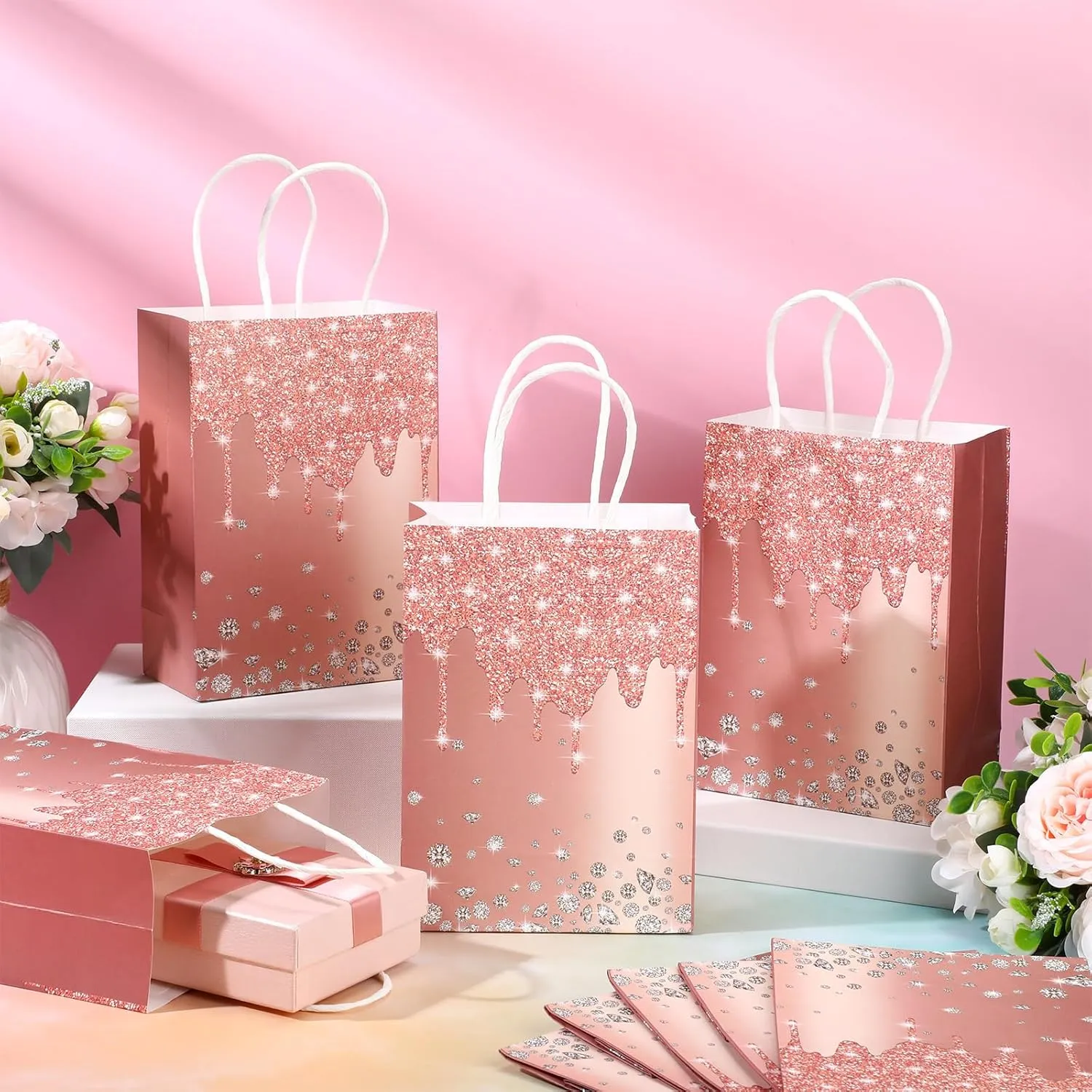 30 Pcs Rose Gold Party Favor Gift Bags for Women Friends Thank You Gifts Bag with Handle for Women Men Birthday Gift Bags Party Favor Bags Wedding Gifts for Guests Paper Bag Bachelorette Party Supplies