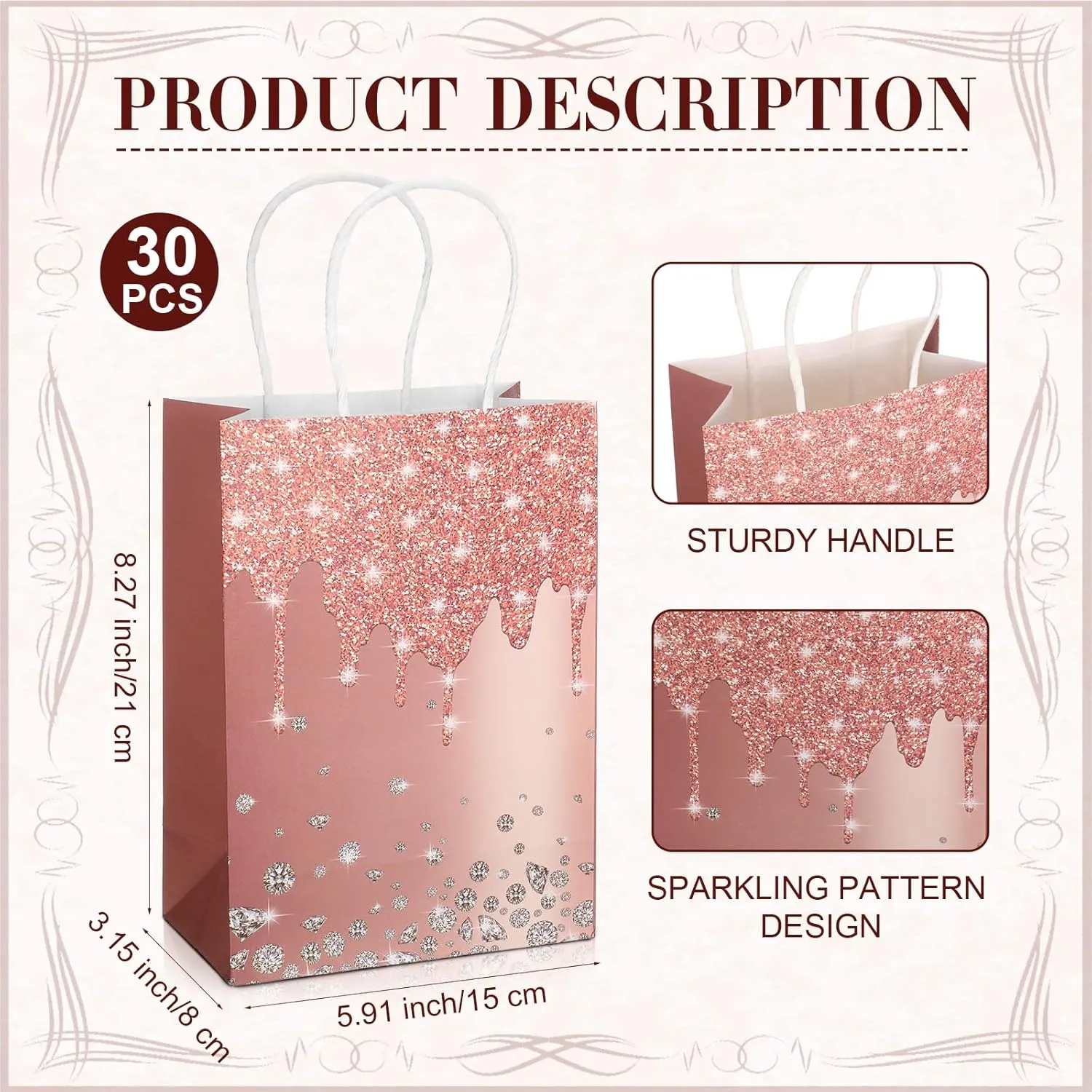 30 Pcs Rose Gold Party Favor Gift Bags for Women Friends Thank You Gifts Bag with Handle for Women Men Birthday Gift Bags Party Favor Bags Wedding Gifts for Guests Paper Bag Bachelorette Party Supplies