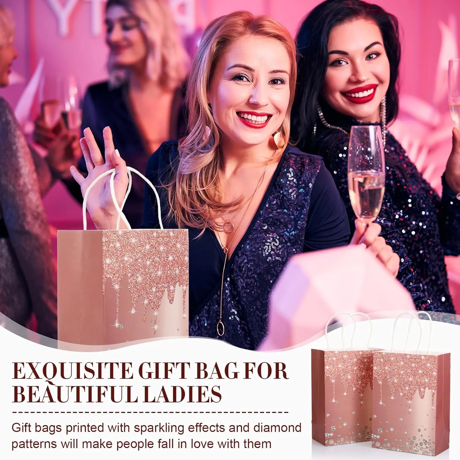 30 Pcs Rose Gold Party Favor Gift Bags for Women Friends Thank You Gifts Bag with Handle for Women Men Birthday Gift Bags Party Favor Bags Wedding Gifts for Guests Paper Bag Bachelorette Party Supplies