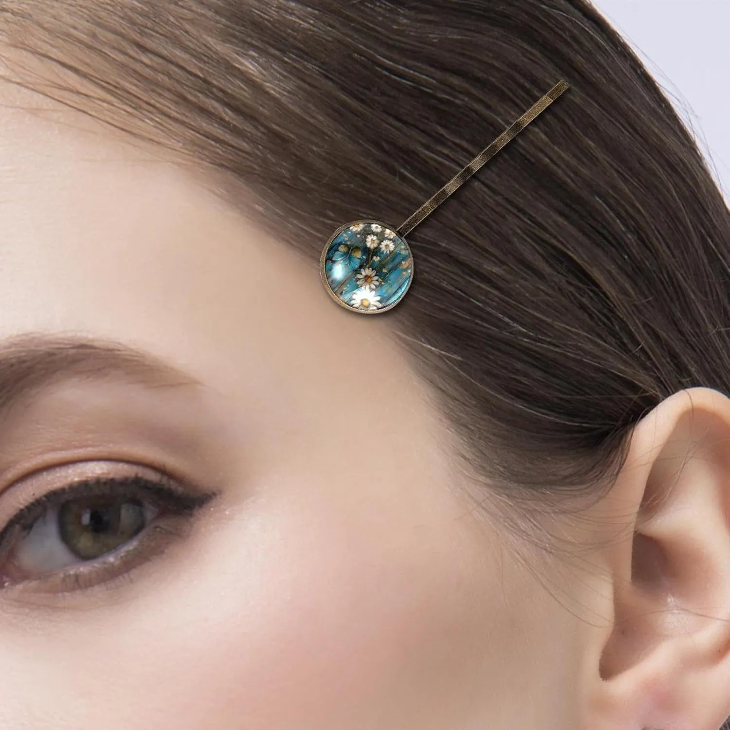 4 Pieces Bobby Pins Hair Clips for Women, Teal Daisy Floral Flowers and Butterfly on Country Wooden Texture Decorative Hairpin Hair Barrettes for Girls, Elegant Brown Hair Accessories