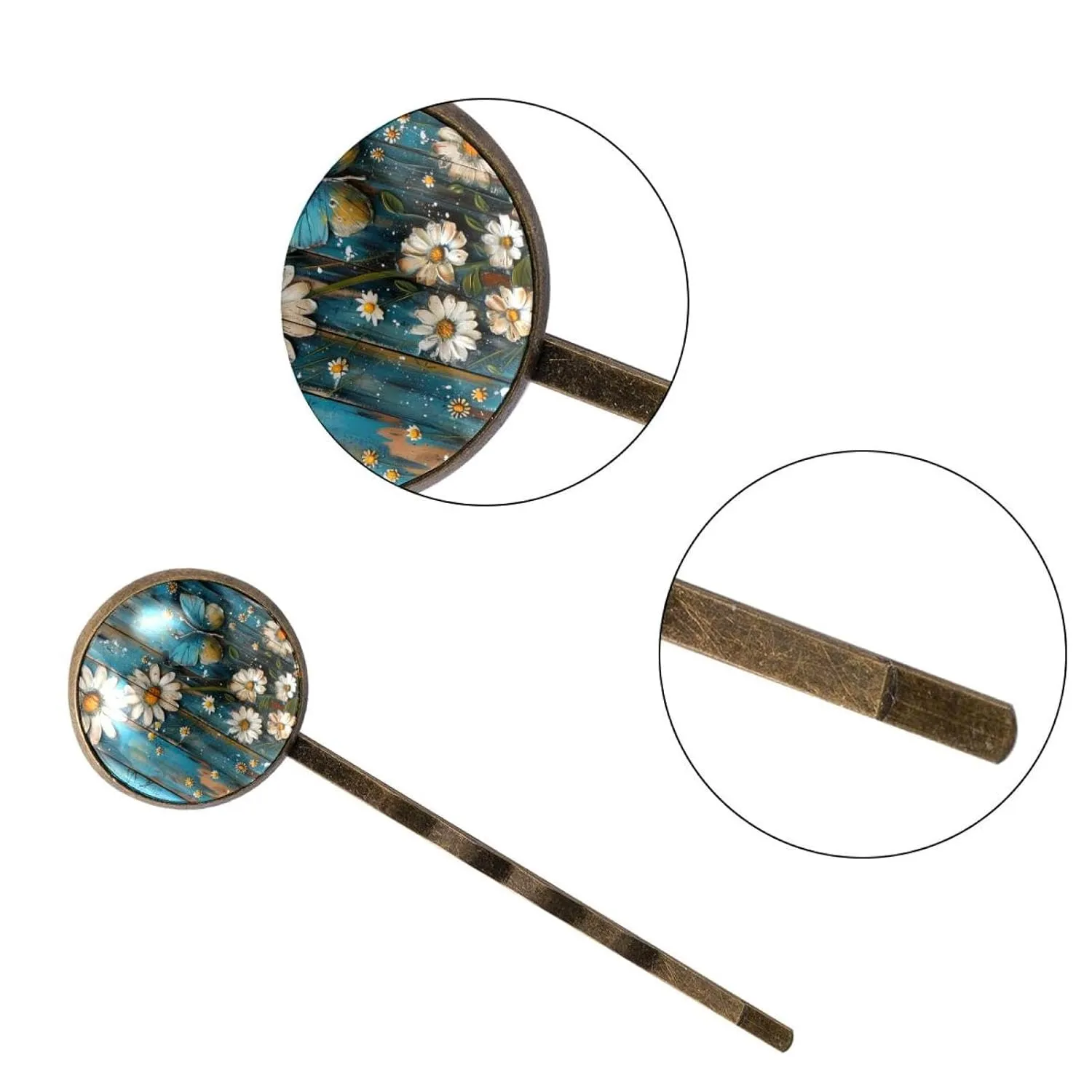 4 Pieces Bobby Pins Hair Clips for Women, Teal Daisy Floral Flowers and Butterfly on Country Wooden Texture Decorative Hairpin Hair Barrettes for Girls, Elegant Brown Hair Accessories