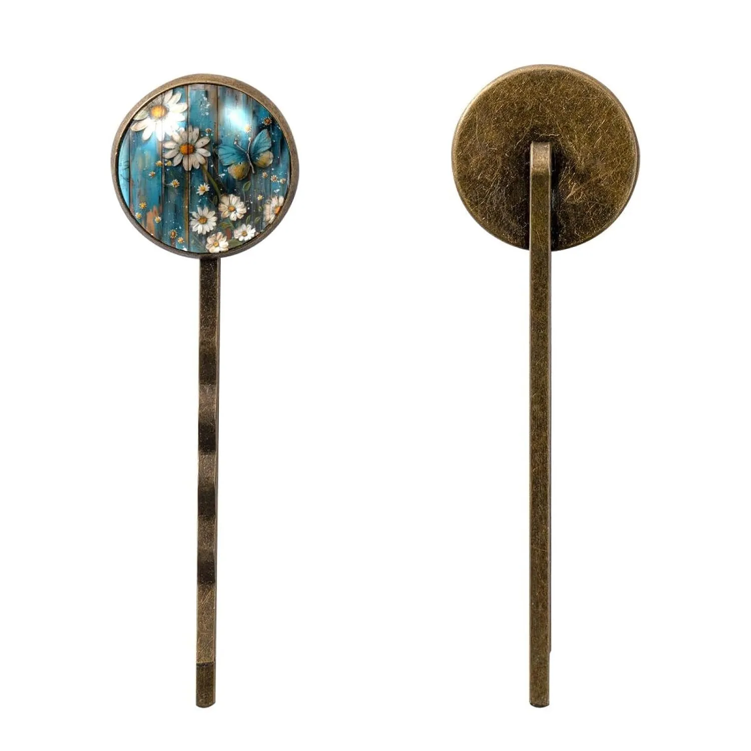 4 Pieces Bobby Pins Hair Clips for Women, Teal Daisy Floral Flowers and Butterfly on Country Wooden Texture Decorative Hairpin Hair Barrettes for Girls, Elegant Brown Hair Accessories