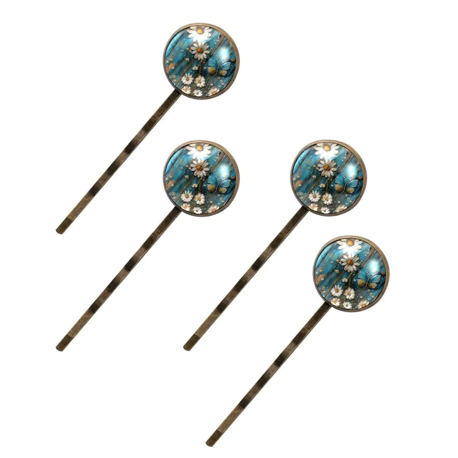 4 Pieces Bobby Pins Hair Clips for Women, Teal Daisy Floral Flowers and Butterfly on Country Wooden Texture Decorative Hairpin Hair Barrettes for Girls, Elegant Brown Hair Accessories