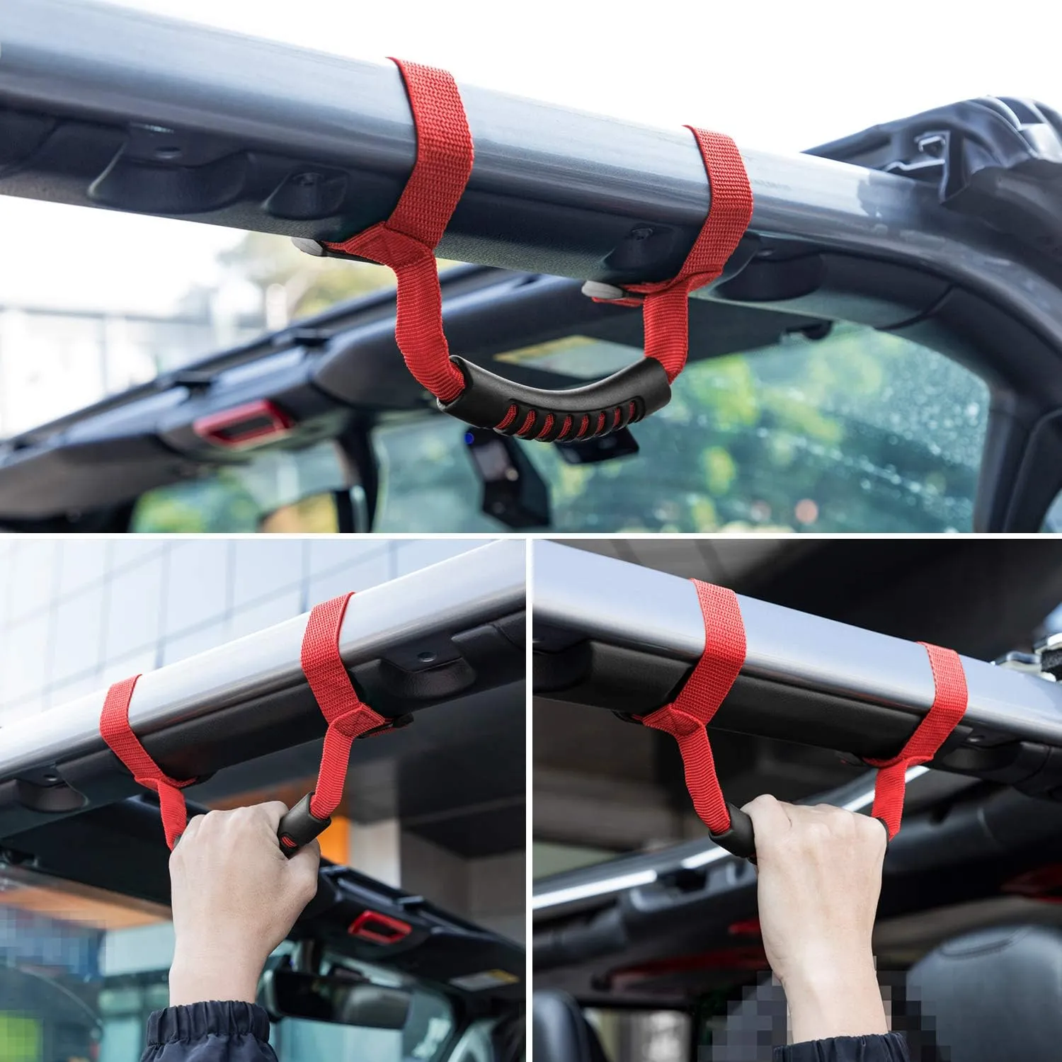 4 x Roll Bar Grab Handles Grip Handle for Jeep Wrangler YJ TJ JK JK JL JLU Sports Sahara Freedom Rubicon X & Unlimited 1955-2021 (Red)