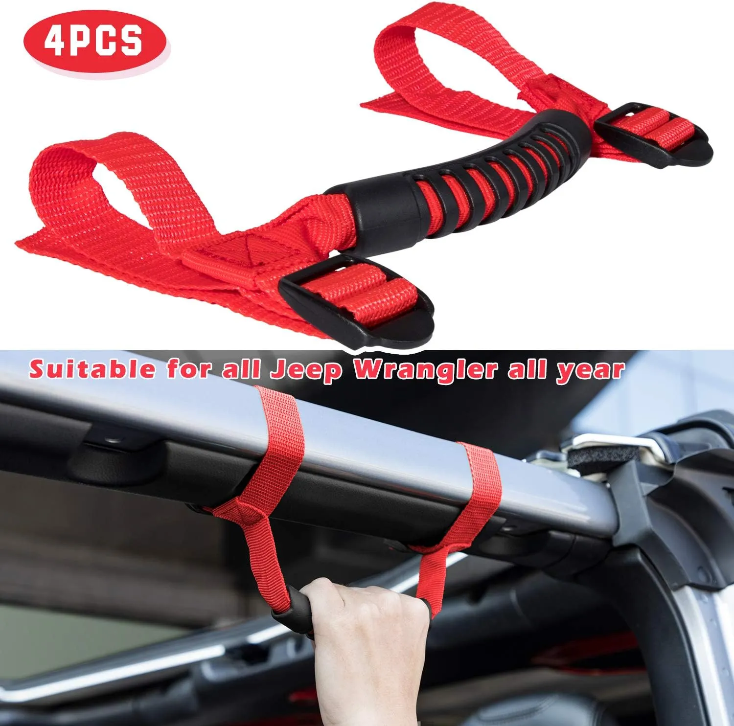 4 x Roll Bar Grab Handles Grip Handle for Jeep Wrangler YJ TJ JK JK JL JLU Sports Sahara Freedom Rubicon X & Unlimited 1955-2021 (Red)
