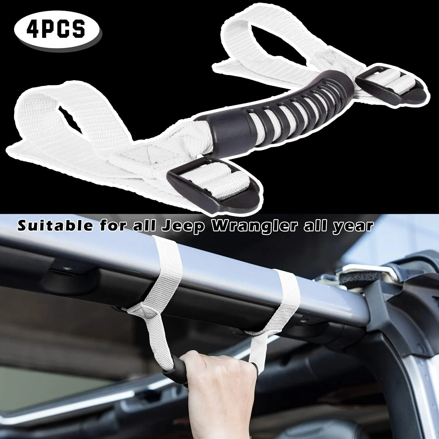 4 x Roll Bar Grab Handles Grip Handle for Jeep Wrangler YJ TJ JK JKU JL JLU Sports Sahara Freedom Rubicon X & Unlimited 1955-2023 2024 2025(White)
