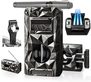 5-in-1 Torch Lighter, with V-Cutter, Holder, Punch, Draw Enhancer Tool, Windproof Triple Flame Torch Lighter, Multifunctional Accessories Gifts for Men, Refillable Butane Lighter for Candles, Travel