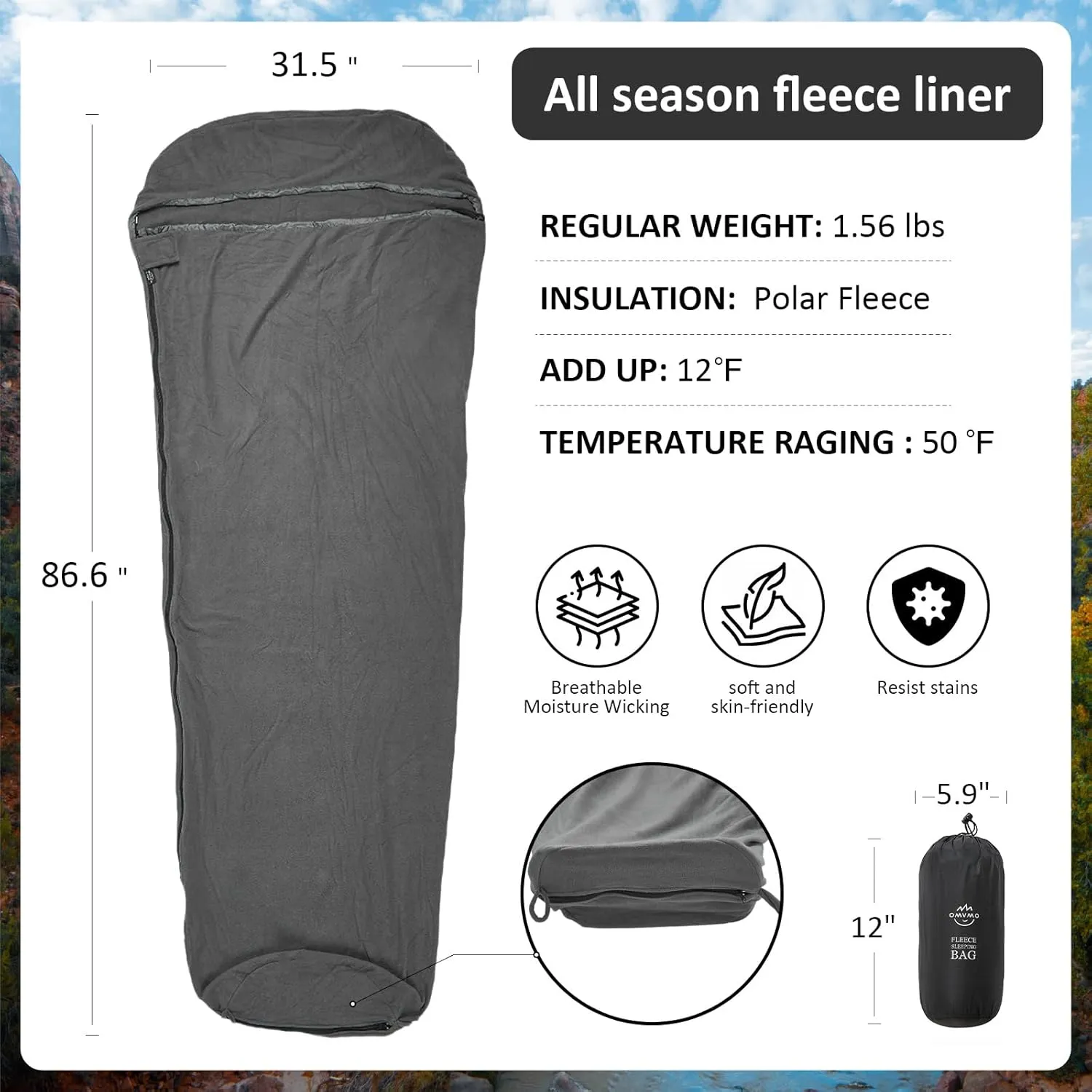 50°F Polar Fleece Mummy Sleeping Bag Liner & Travel Sheets for Adults,Adds Up 12°F to Sleeping Bag,Perfect for Hotel Traveling Camping