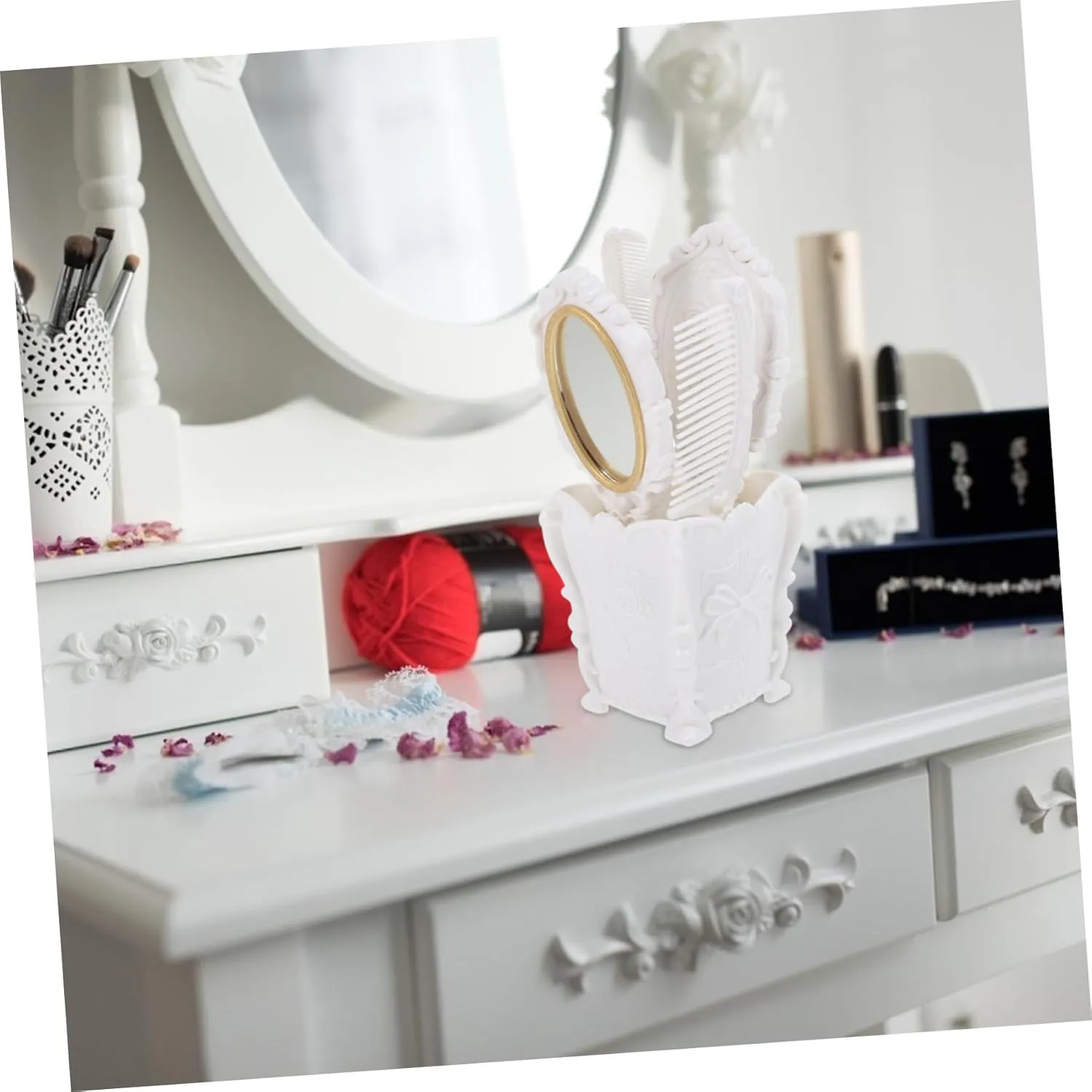5pcs Vanity Mirror Comb Set Womens Travel Wallet Massage Accessories Makeup Organizer Box Antique Hair Comb Storage Holder Wide Tooth Hair Brush Plastic White Comb Holder Brass