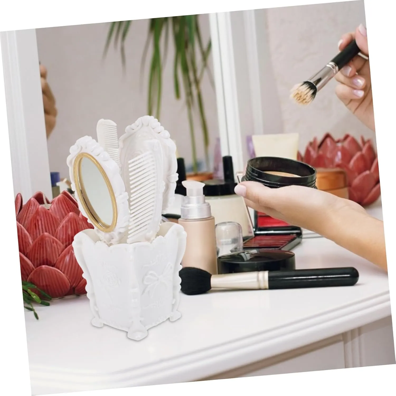 5pcs Vanity Mirror Comb Set Womens Travel Wallet Massage Accessories Makeup Organizer Box Antique Hair Comb Storage Holder Wide Tooth Hair Brush Plastic White Comb Holder Brass