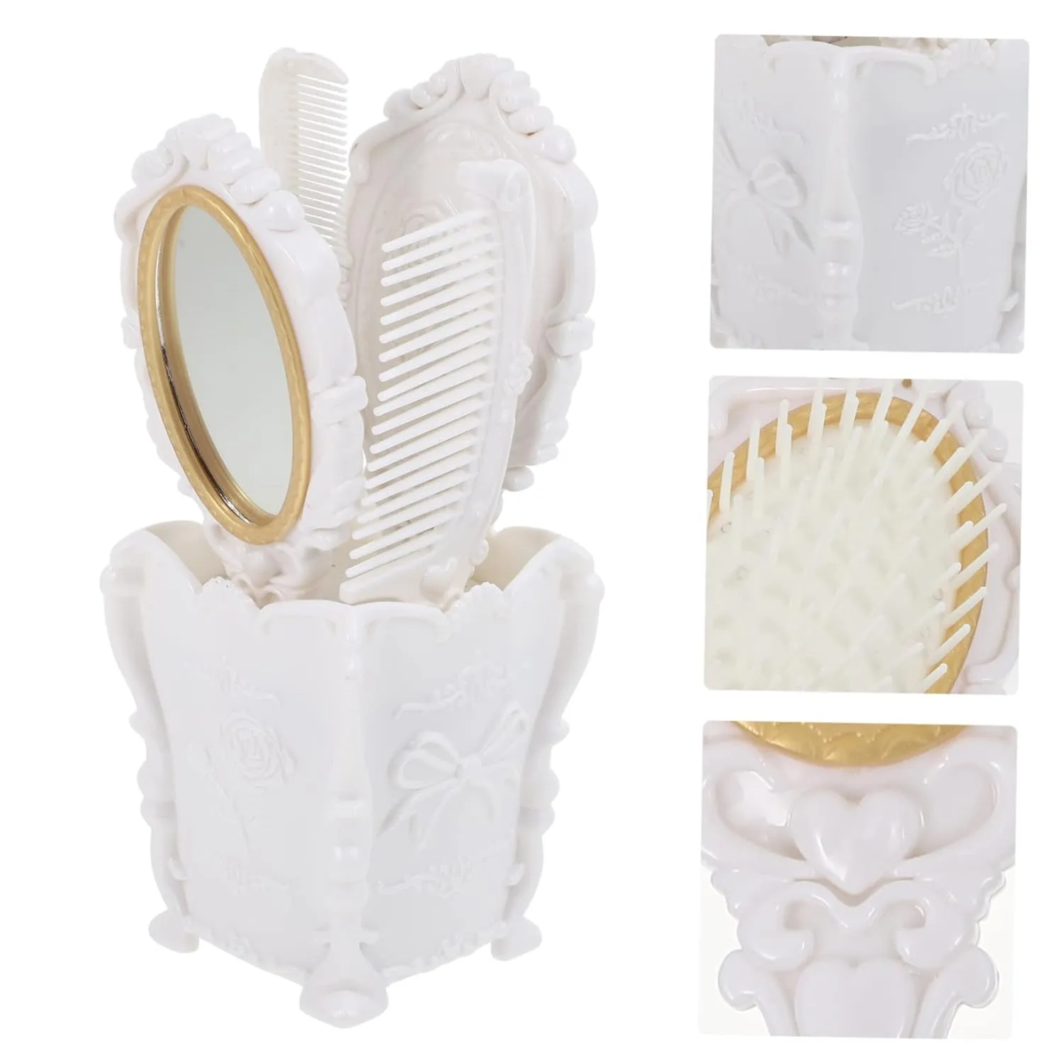 5pcs Vanity Mirror Comb Set Womens Travel Wallet Massage Accessories Makeup Organizer Box Antique Hair Comb Storage Holder Wide Tooth Hair Brush Plastic White Comb Holder Brass