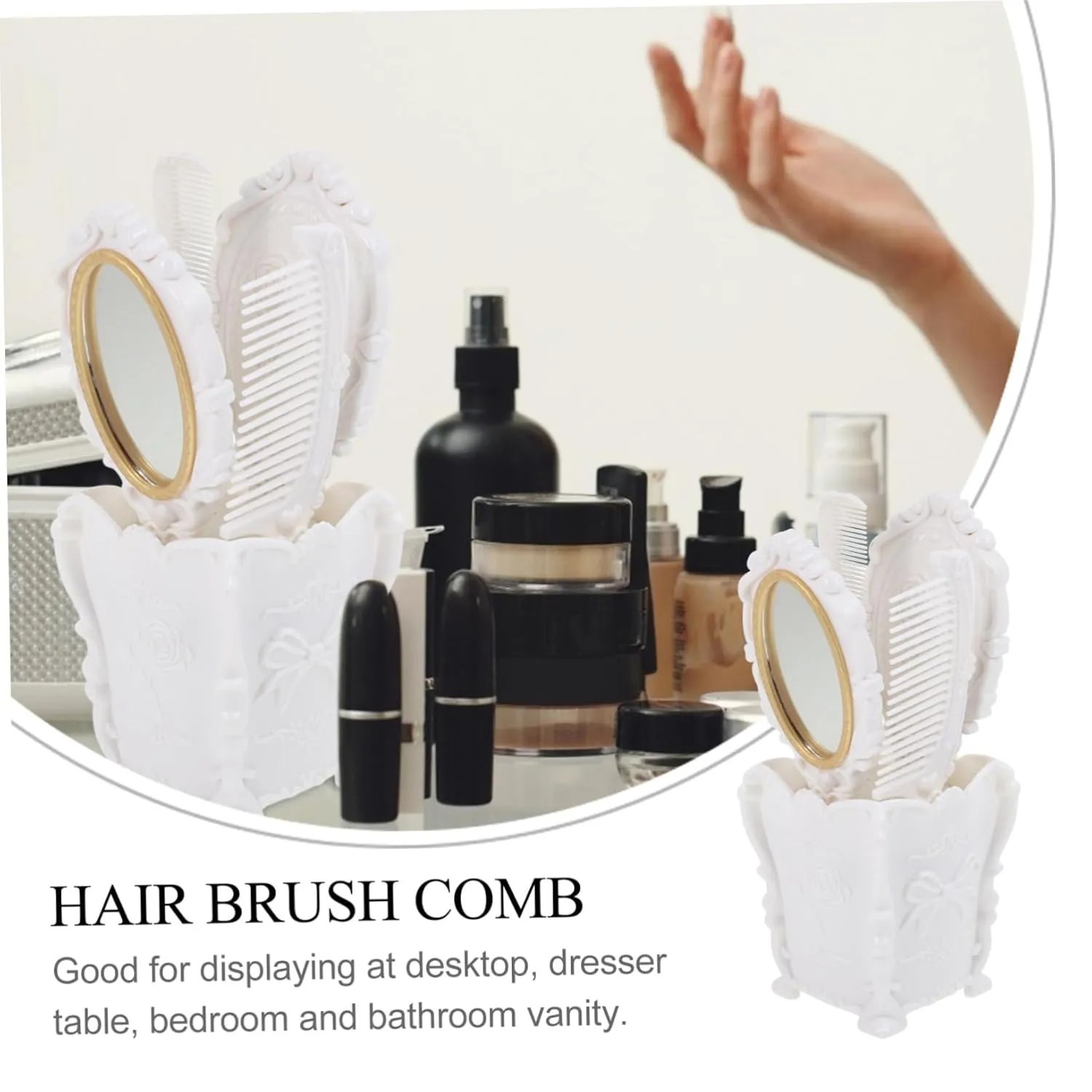 5pcs Vanity Mirror Comb Set Womens Travel Wallet Massage Accessories Makeup Organizer Box Antique Hair Comb Storage Holder Wide Tooth Hair Brush Plastic White Comb Holder Brass