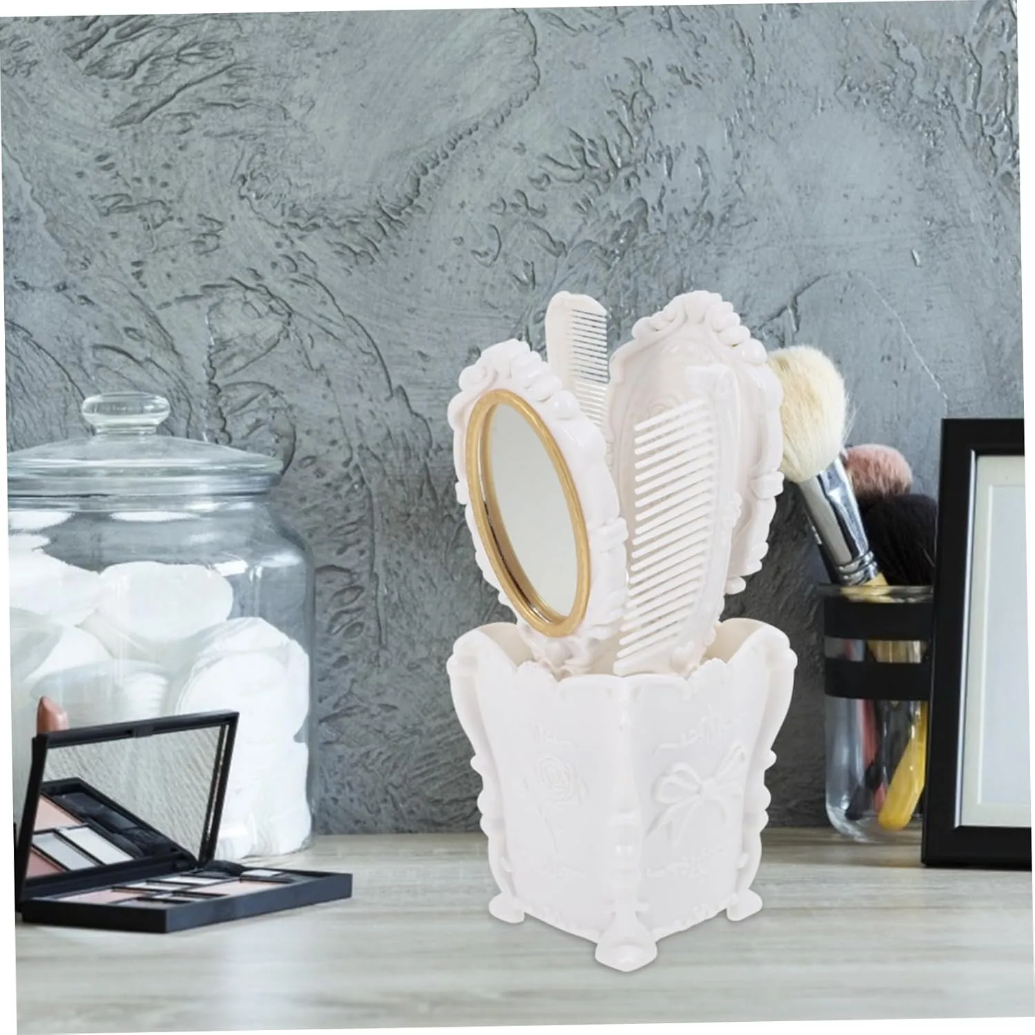 5pcs Vanity Mirror Comb Set Womens Travel Wallet Massage Accessories Makeup Organizer Box Antique Hair Comb Storage Holder Wide Tooth Hair Brush Plastic White Comb Holder Brass