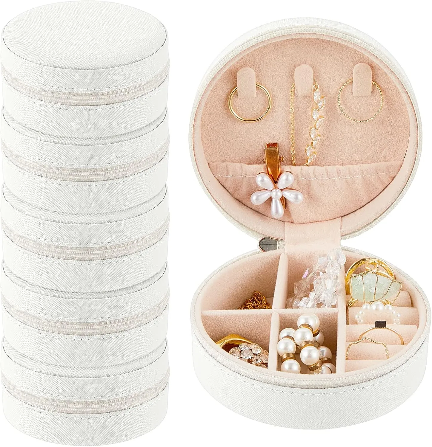 6 Pcs Travel Jewelry Case Bridesmaid Gift Boxes Jewelry Travel Organizer Small Round Jewelry Box Mini Storage PU Leather
