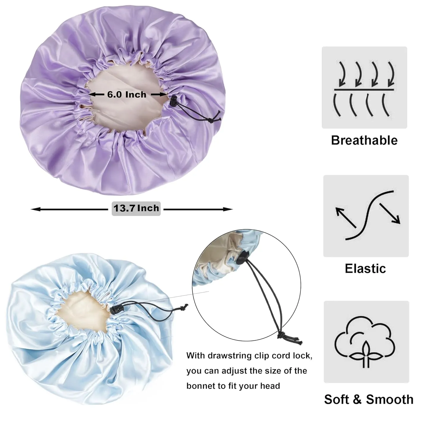 6 Pieces Reversible Silk Bonnet for Women Satin Bonnet Hair Wrap for Sleeping Cap with Tie Band(BLP)