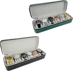 6 Slots Black Watch Case Watch Box Organizer for Men Women Bundle with 6 Slots Green PU Leather Travel Watch Storage with Zipper Closure